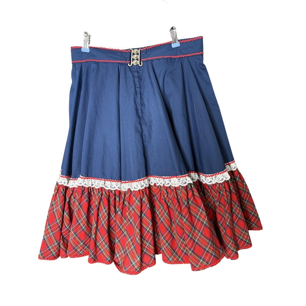 Vtg Plaid Peasant Skirt Womens Medium Blue Red Ruffle Lace Trim Christmas Boho